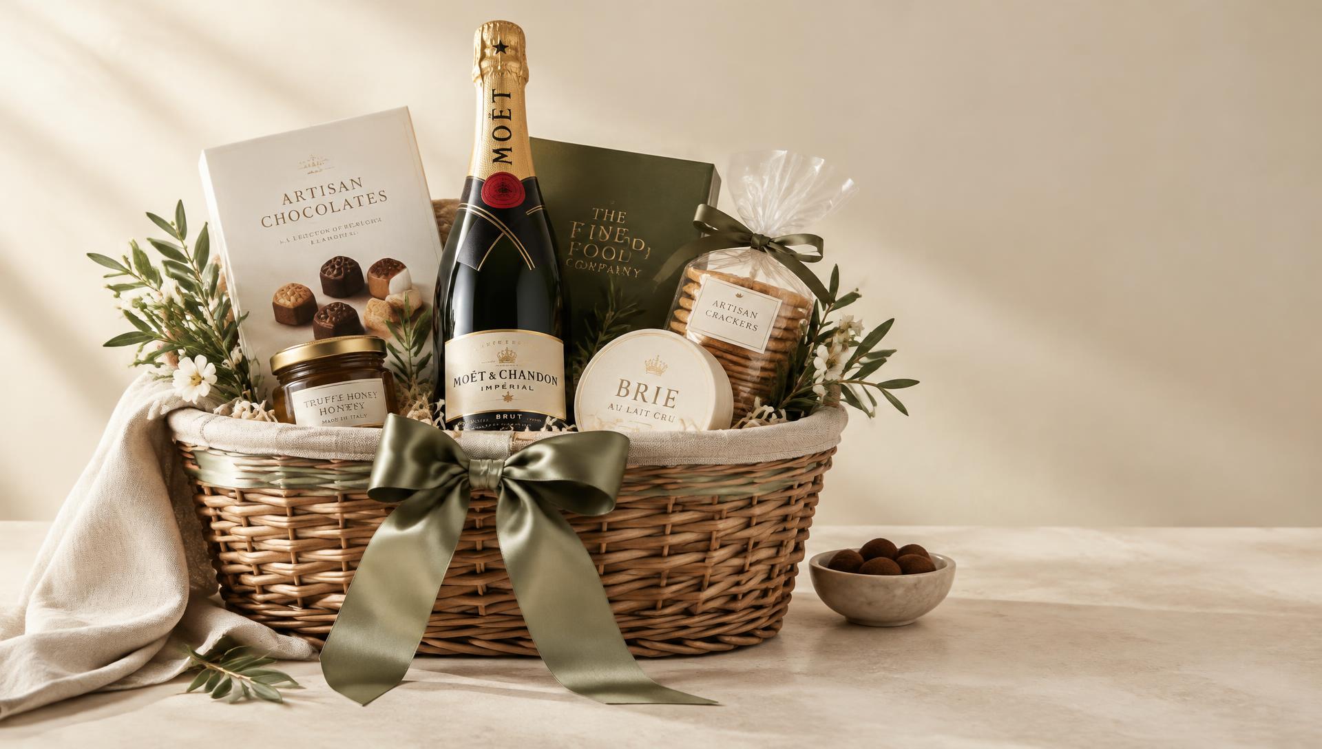 Luxury wicker hamper with champagne, chocolates and cheese